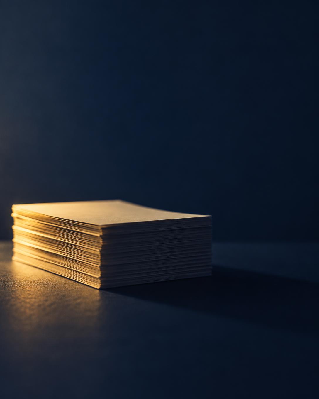 A neat stack of blank document pages on a navy surface, edges lit with gold